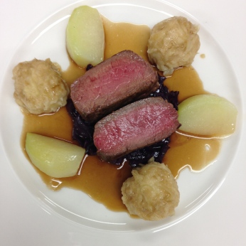 Venison Fillet, Braised Red Cabbage with Juniper Berry Jus and Munich Dumplings