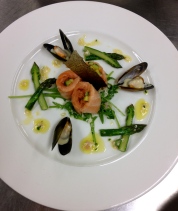 Poached Salmon Ballotine with Crispy Skin, Mussels Mariniére, Asparagus and Egg and Shallot Vinaigrette