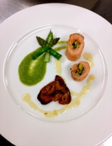 Poached Salmon Ballotine, Asparagus Purée, Confit Tomatoes with Deep-fried Mussels and a Mussel Cream Sauce