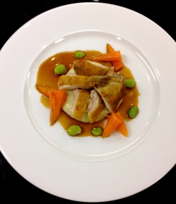 Braised Guinea Fowl on the Crown with Jersey Royal Puree, Glazed Chantenay Carrots and Broad Beans
